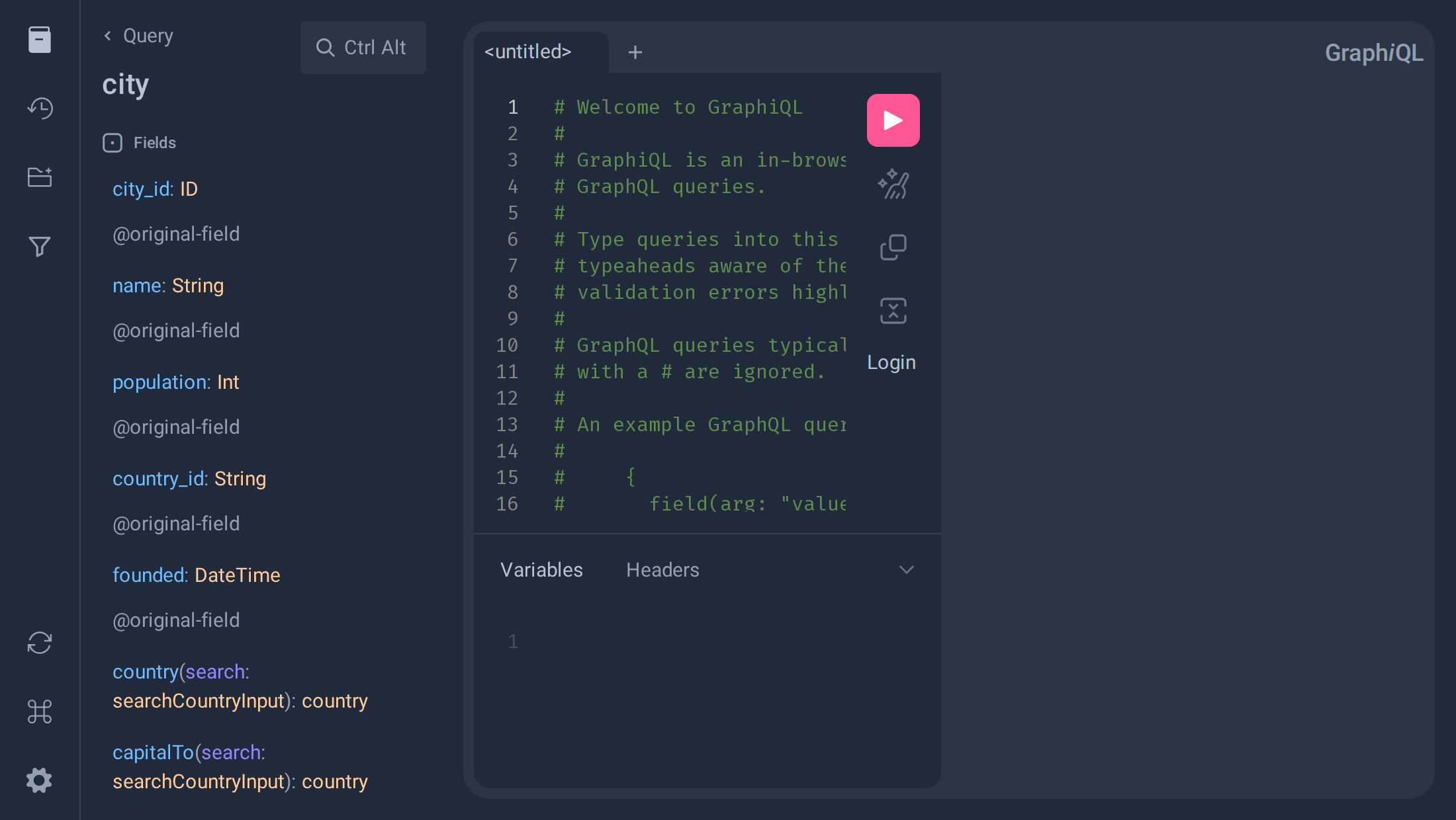 Documentation Explorer showing the city type's country field and its search argument