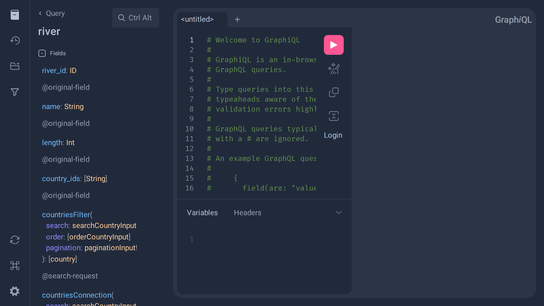 GraphiQL Documentation Explorer showing the river type's fields
