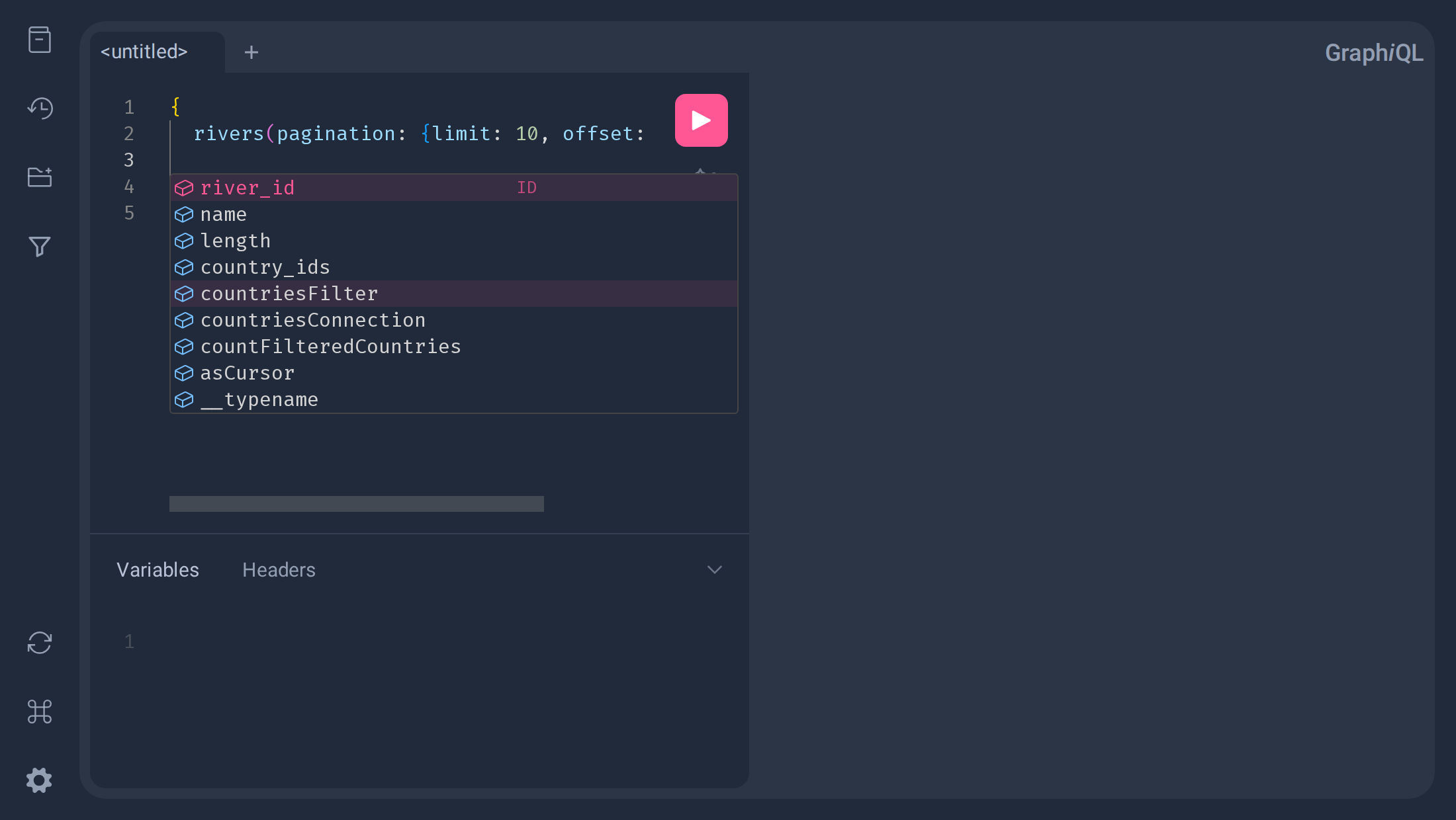Field autocomplete menu inside a GraphiQL query
