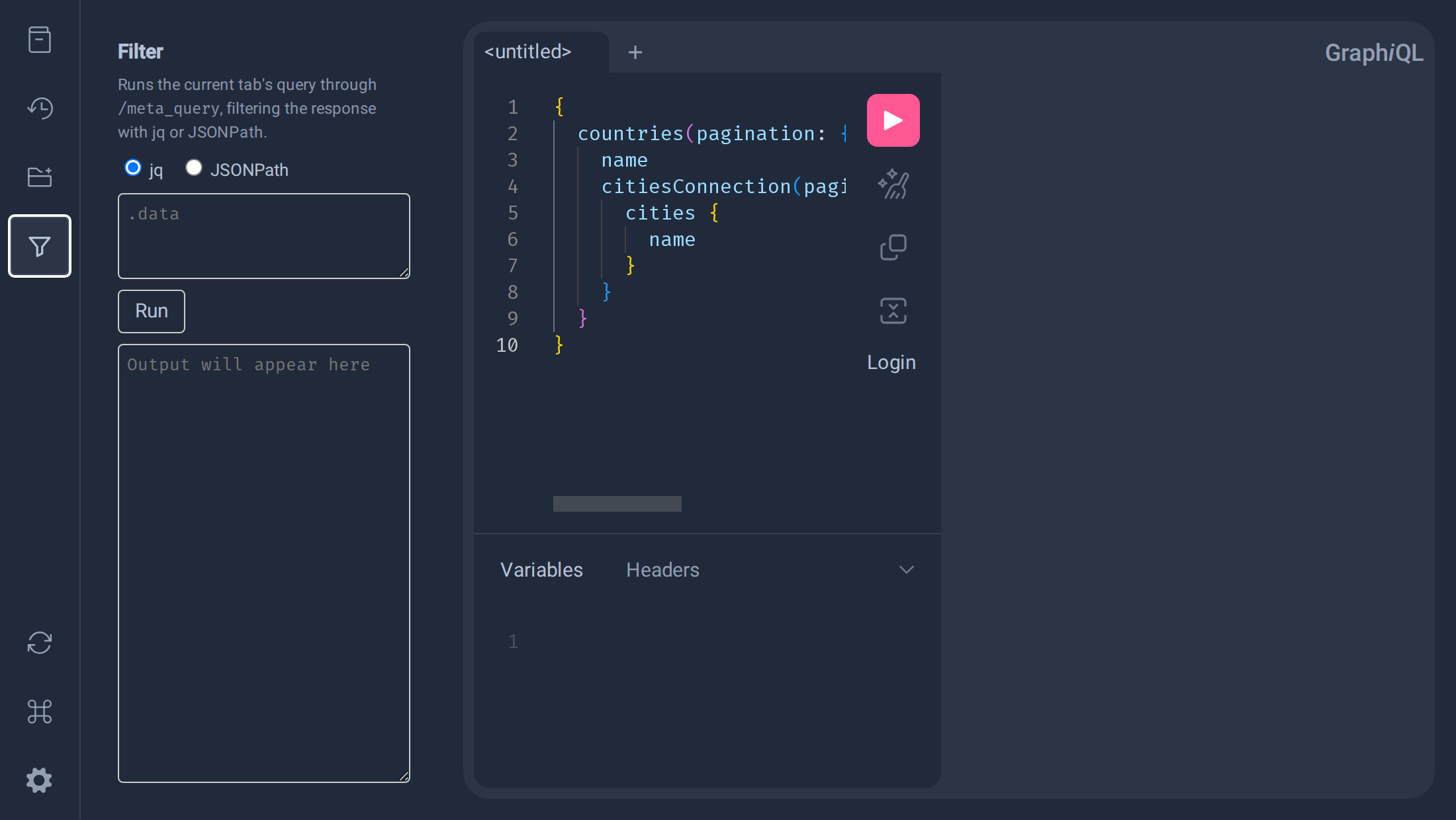 GraphiQL Filter panel open, with the jq/JSONPath toggle and an empty filter