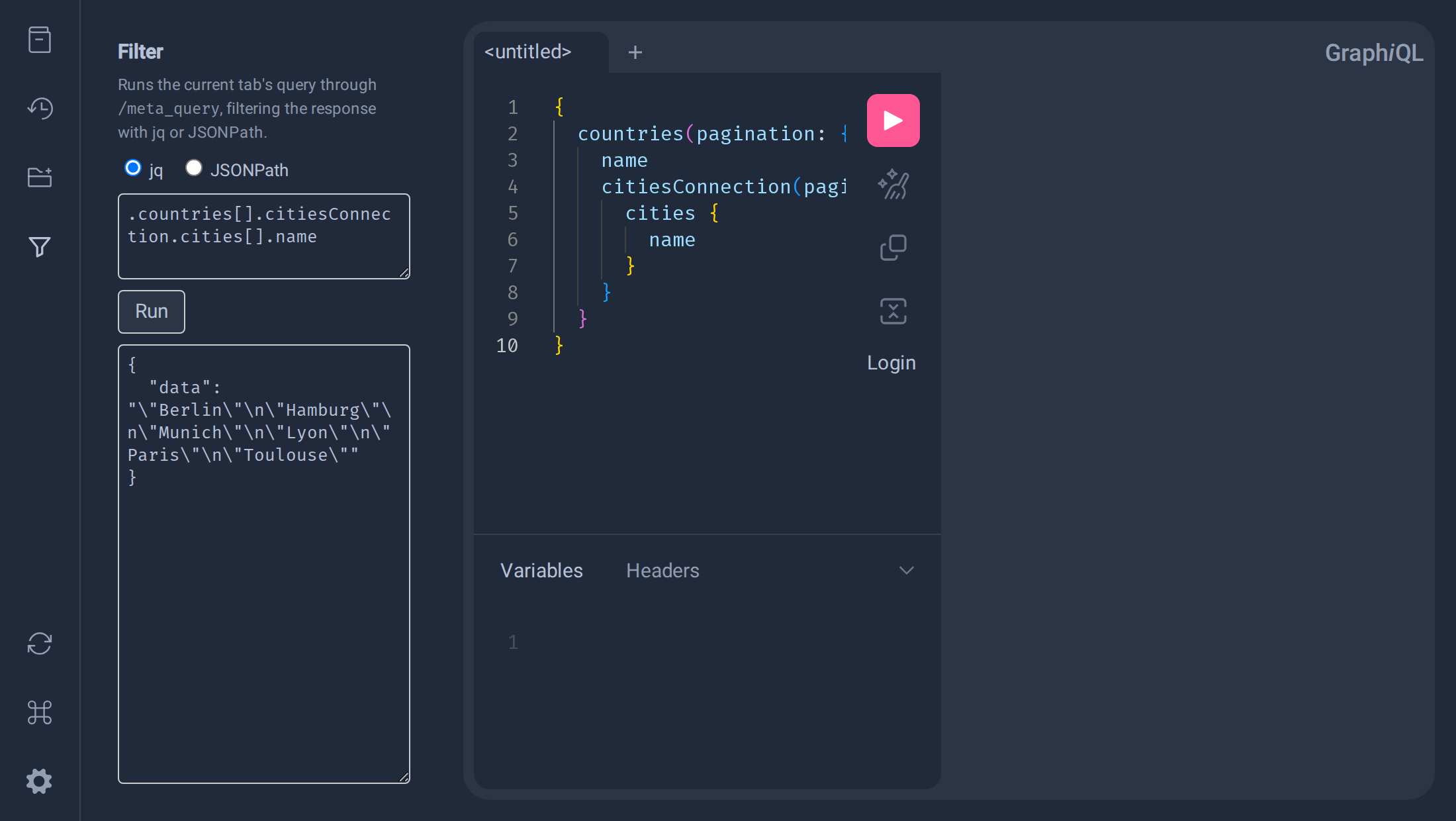 jq filter extracting city names, result shown as a raw string